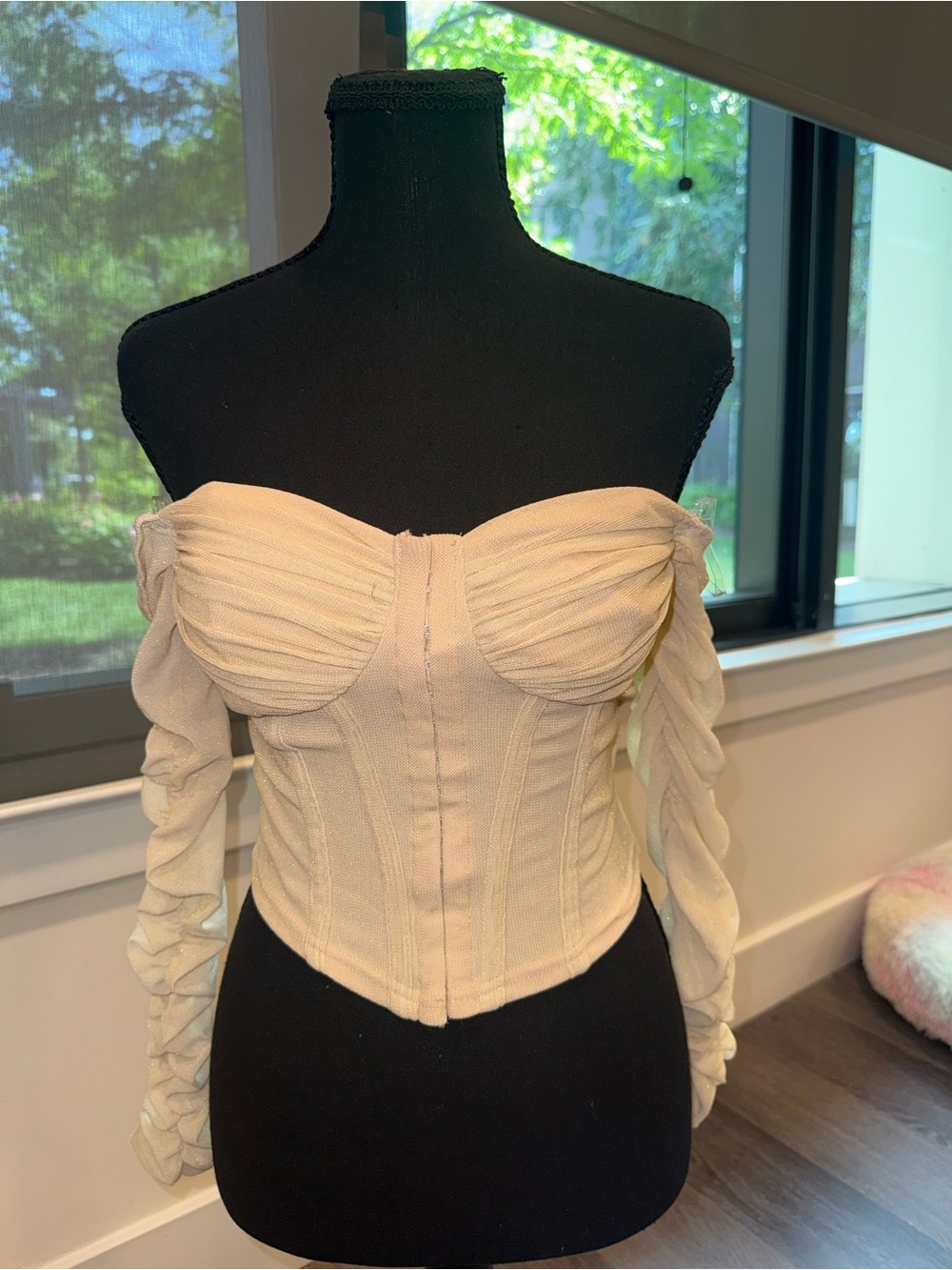Fashion Nova Cream Off-Shoulder Ruched Corset Camisole